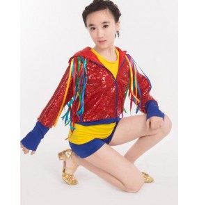 Red yellow royal blue patchwork sequins glitter long sleeves out wear girls kids children school play stage performance jazz singer hip hop cosplay dancing outfits costumes